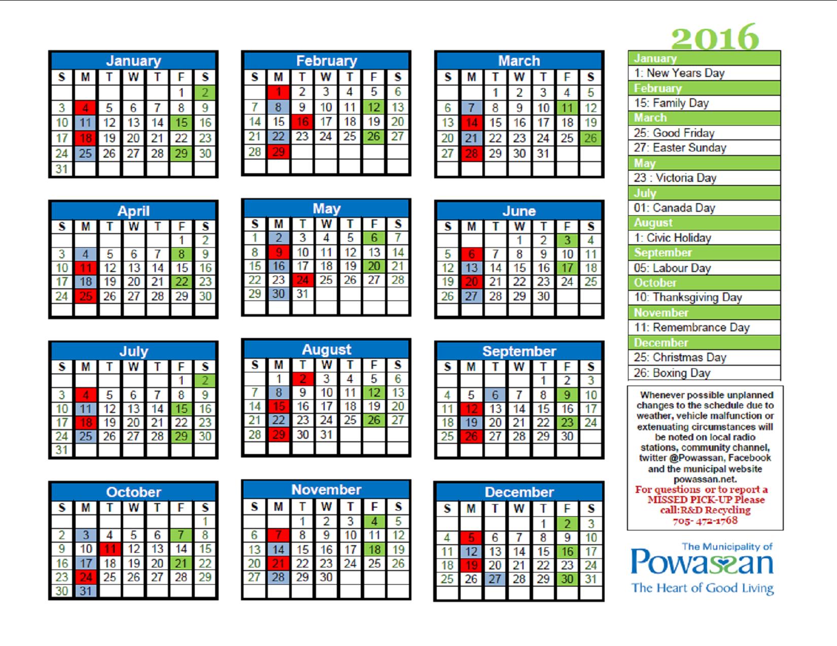 2016 Recycling Schedule